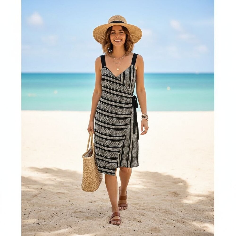 Venus Black & White Geometric Print Sleeveless Wrap Dress Beach Cover-up Medium